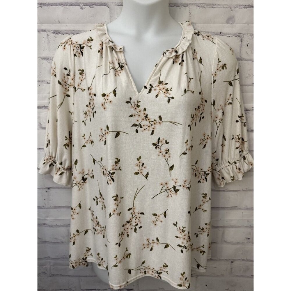 Melloday Plus Size Women’s 1X Ivory Floral Boho‎ Blouse Top Romantic Flaw